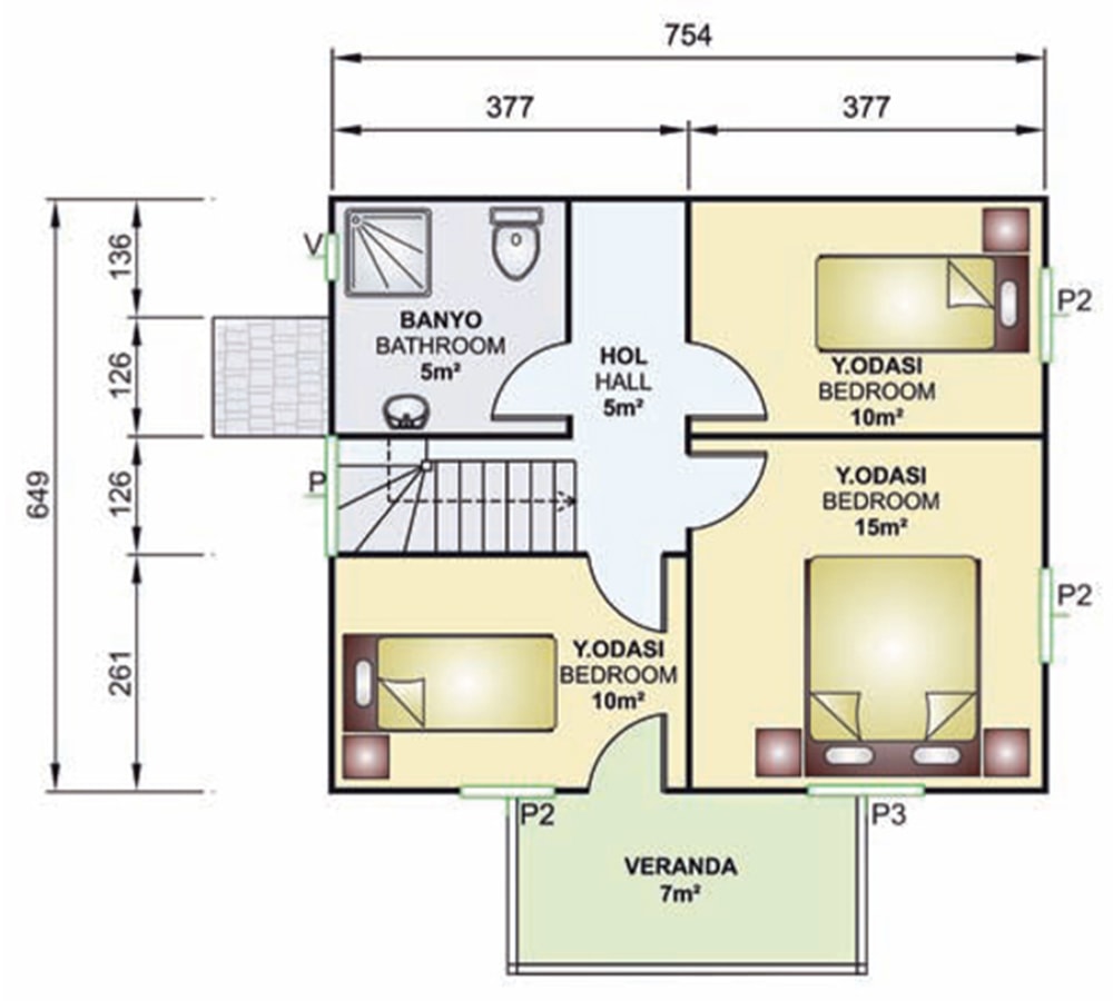 114m2 prefabrik villa iç planı üst kat
