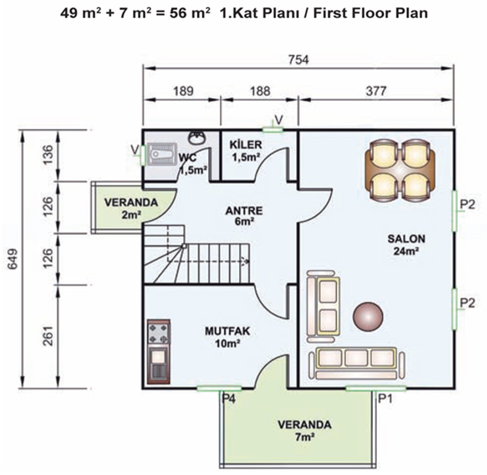 114m2 prefabrik villa iç planı giriş kat