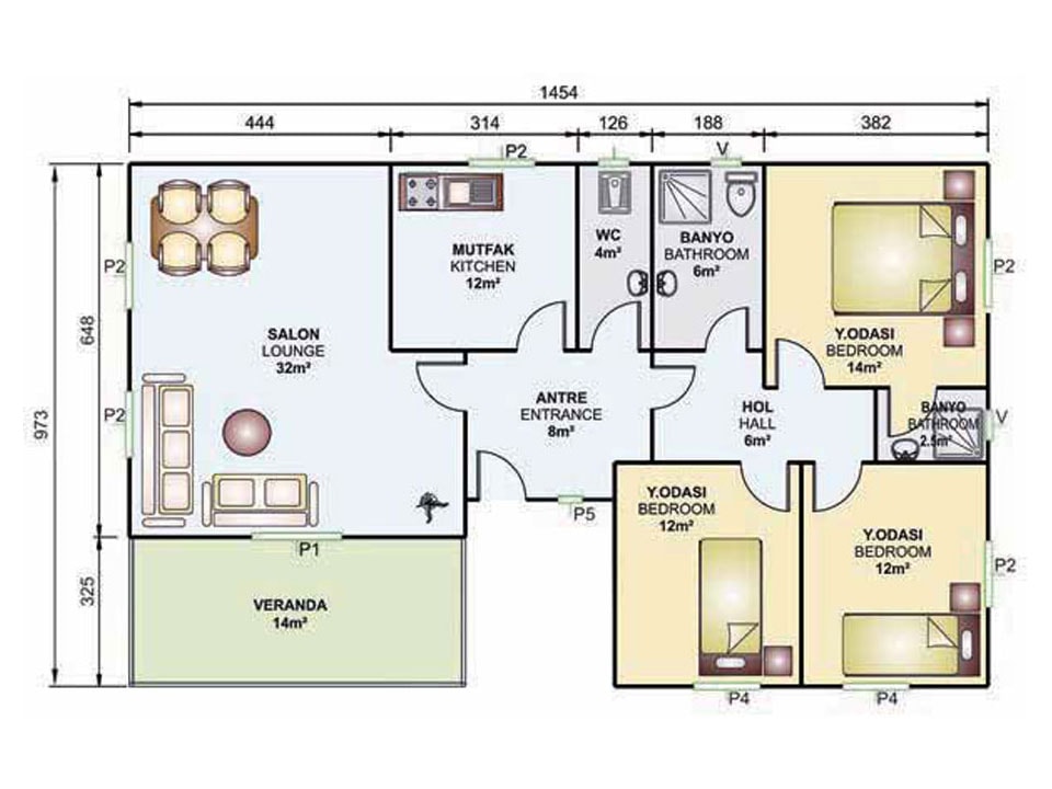 120m2 prefabrik villa iç planı