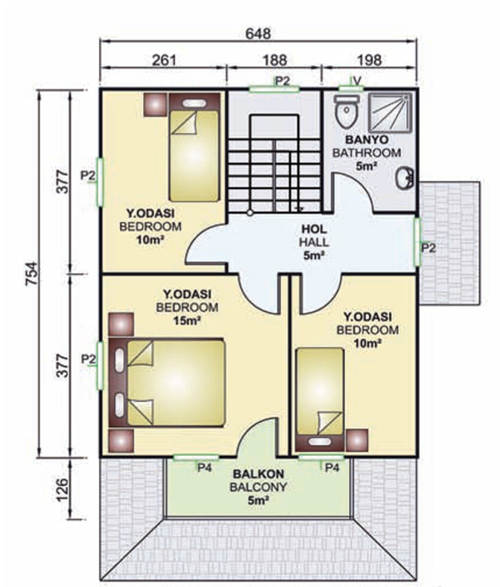 122m2 prefabrik villa iç planı üst kat