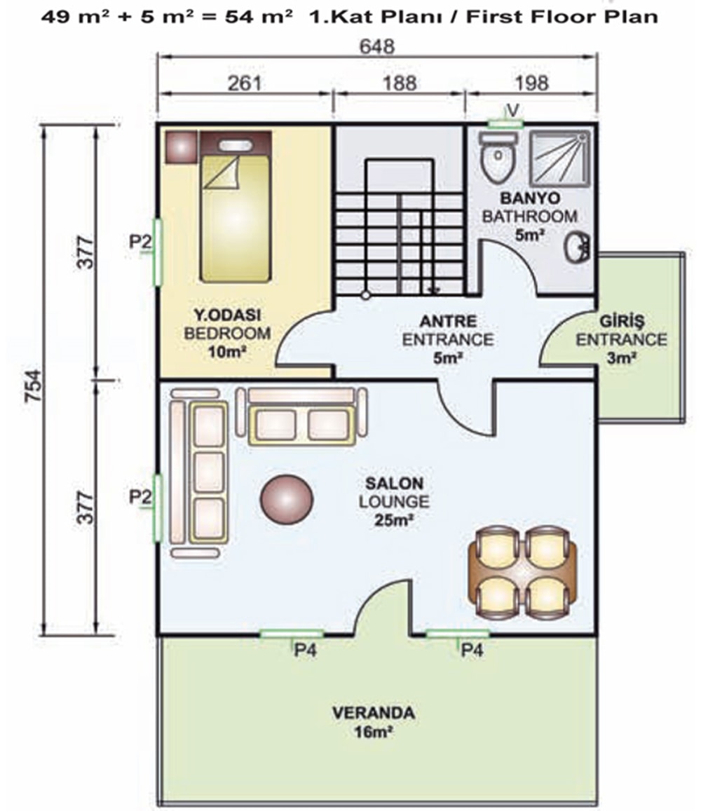 122m2 prefabrik villa iç planı giriş kat