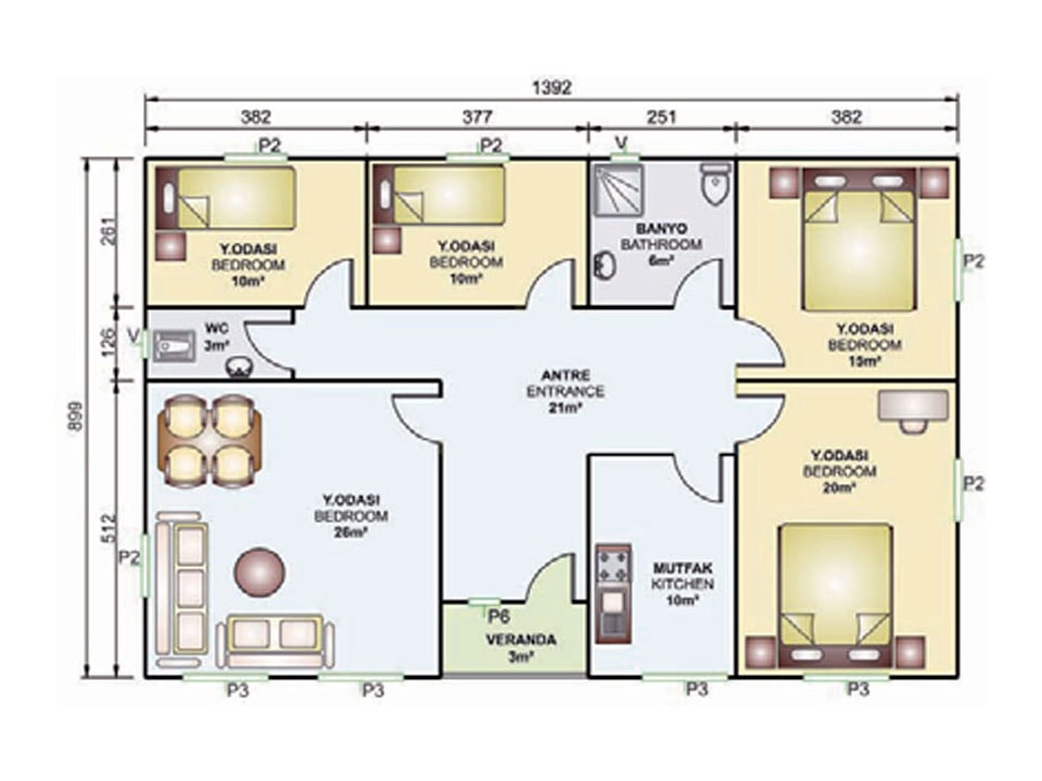 125m2 prefabrik villa iç planı