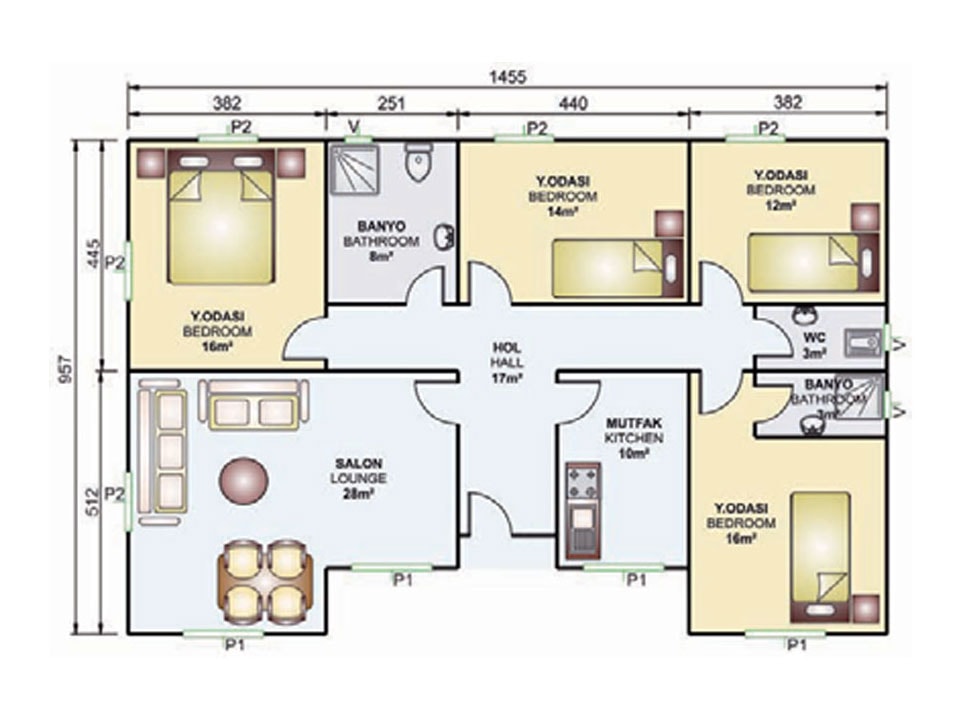 129m2 prefabrik villa iç planı