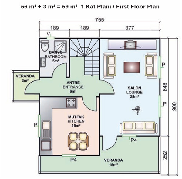 131m2 prefabrik villa iç planı giriş kat