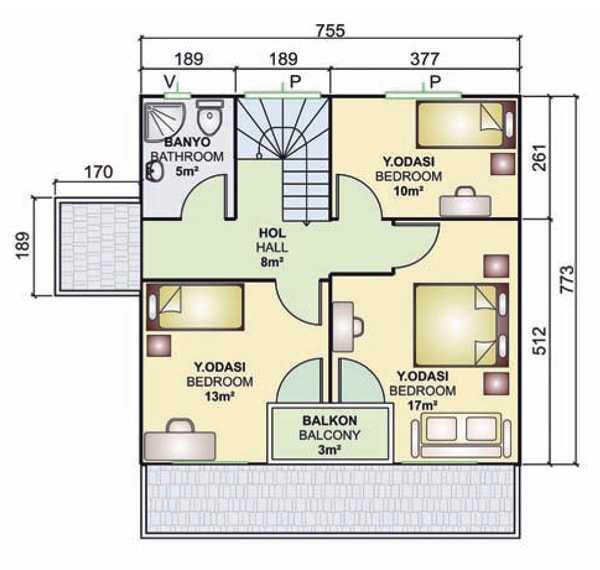 131m2 prefabrik villa iç planı üst kat