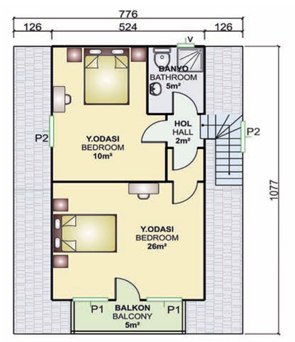 134m2 prefabrik villa iç planı üst kat