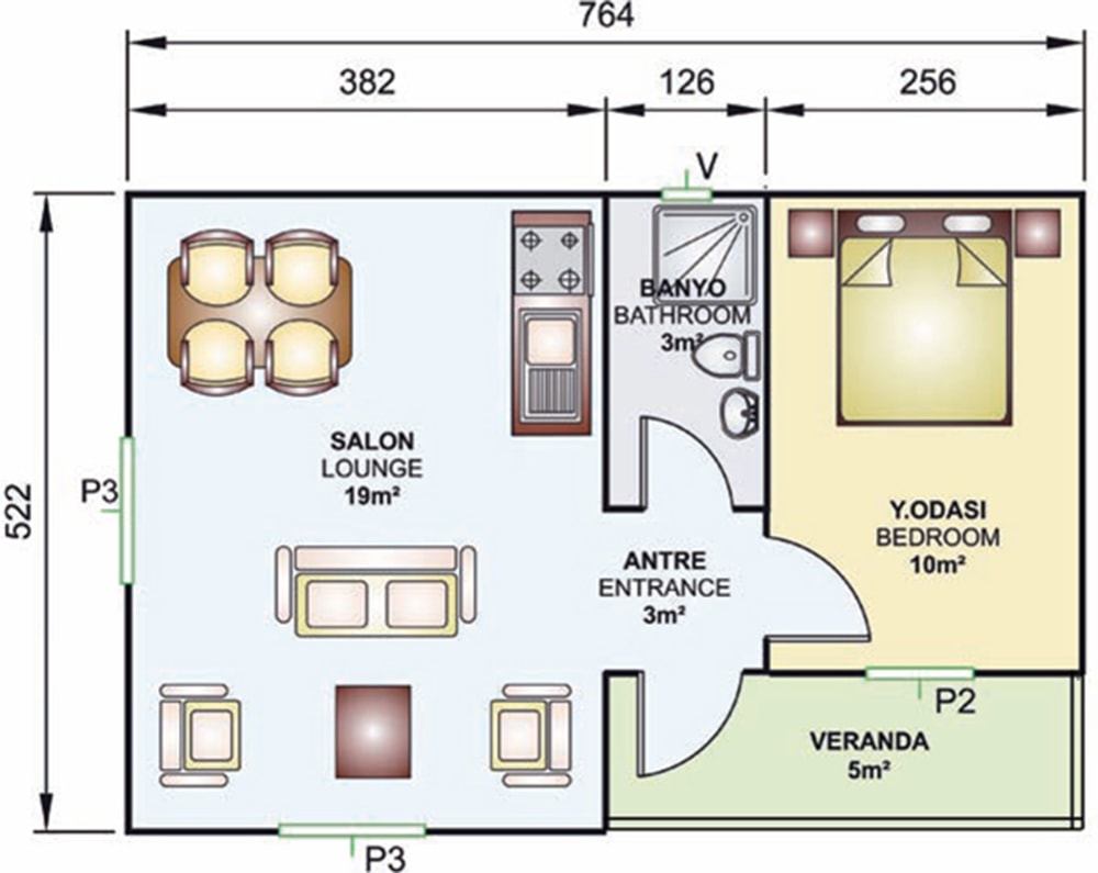 40m2 prefabrik villa iç planı
