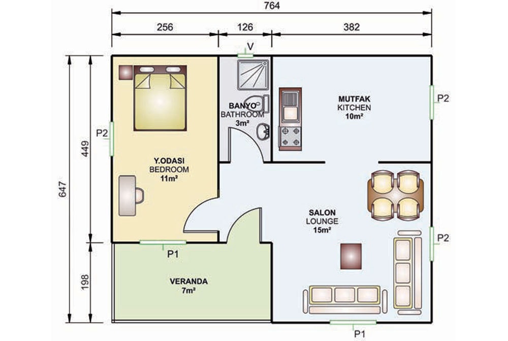 49m2 prefabrik villa iç planı