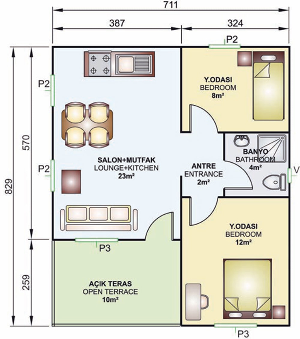 49m2 prefabrik villa iç planı