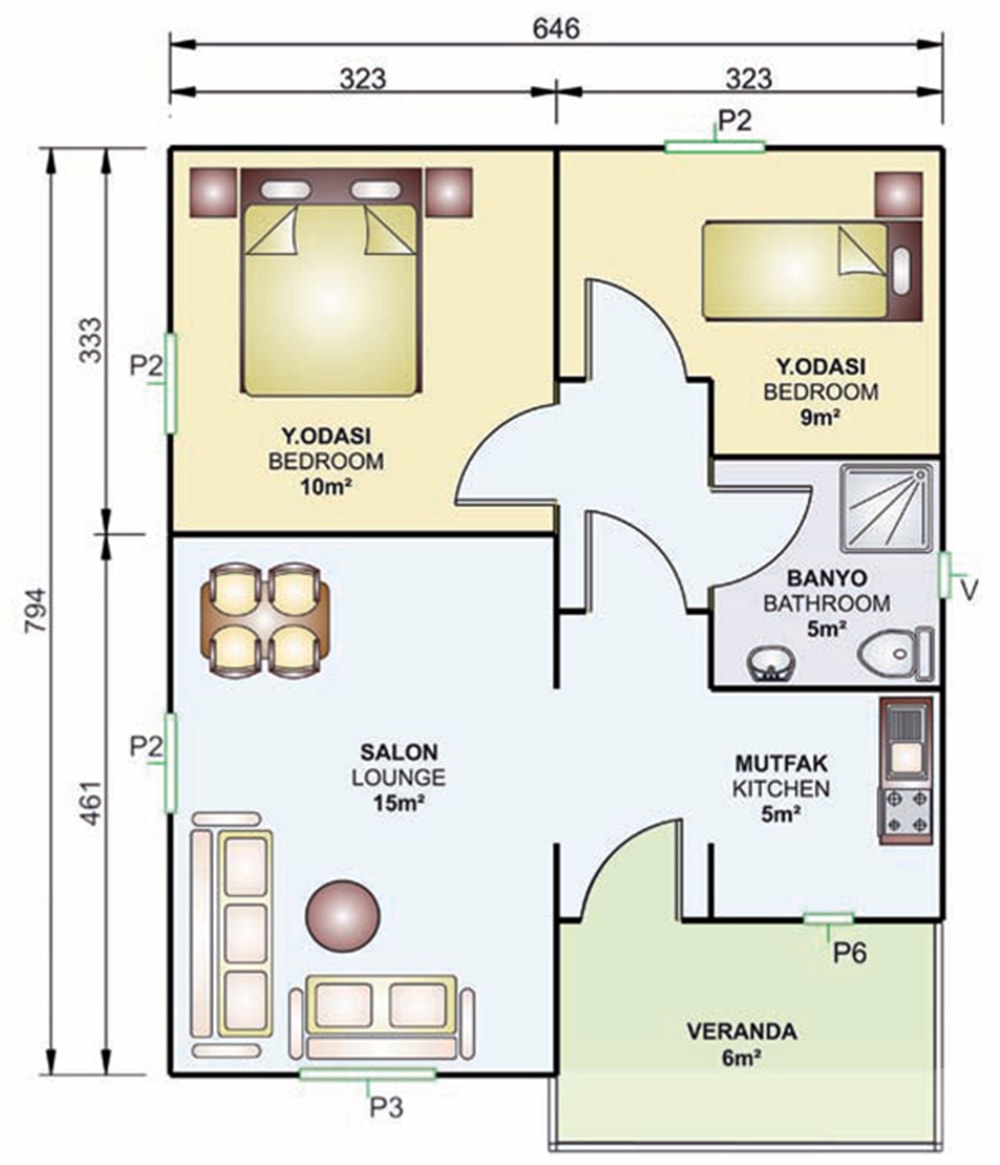 53m2 prefabrik villa iç planı