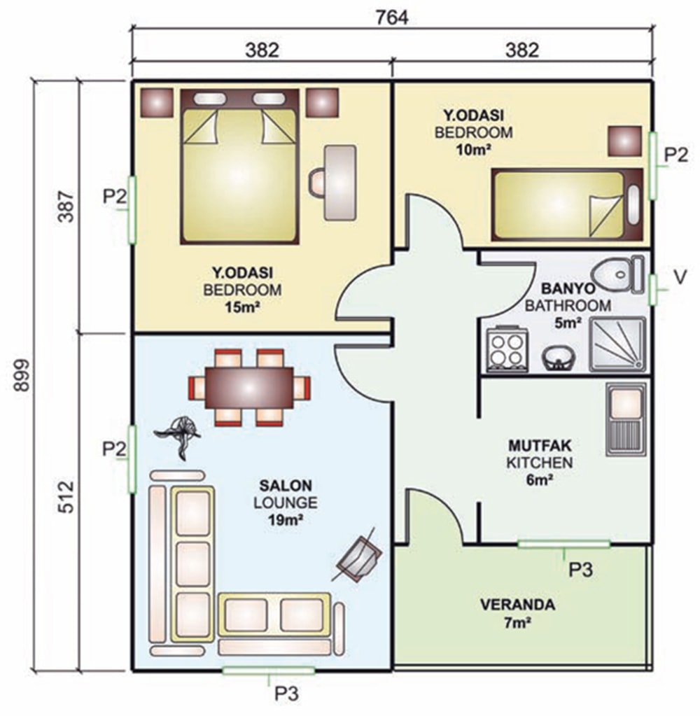 68m2 prefabrik villa iç planı