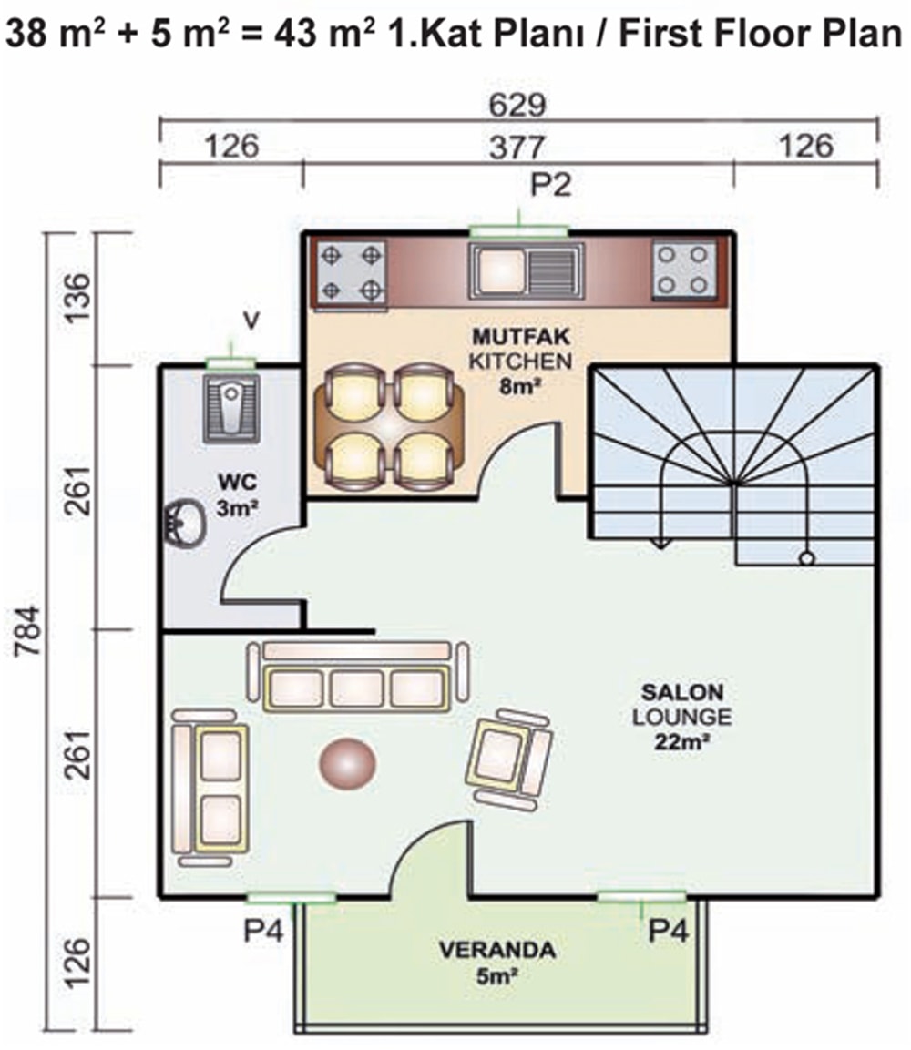 86m2 prefabrik villa iç planı giriş kat