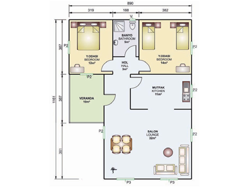 91m2 prefabrik villa iç planı