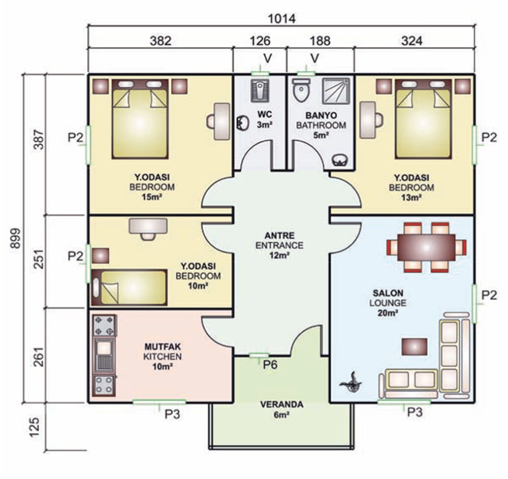95m2 prefabrik villa iç planı