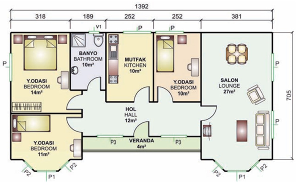 98m2 prefabrik villa iç planı