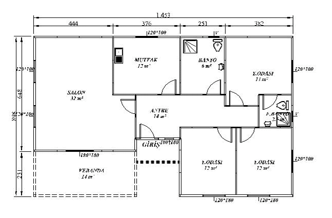 120 metrekare prefabrik ev planı